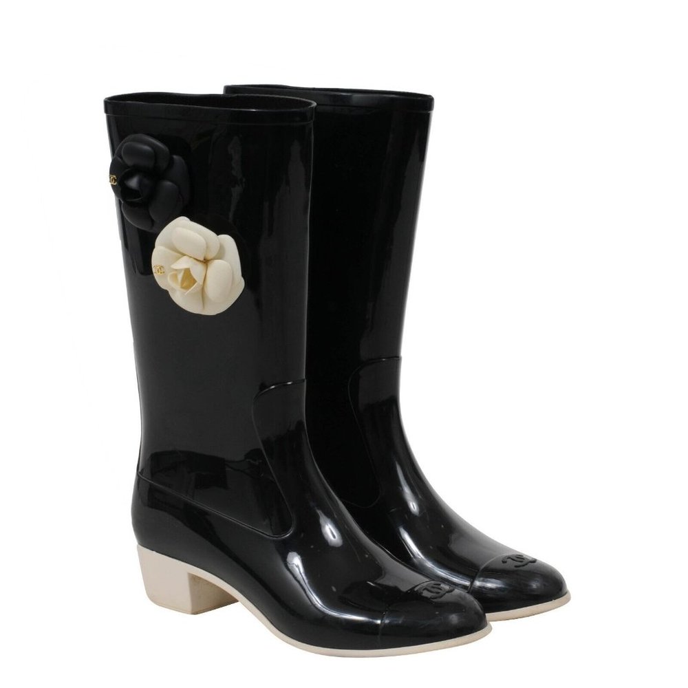 Chanel Womens Camellia Rain Boots IT 42 US 12 Black Rubber Embellished CC Flower